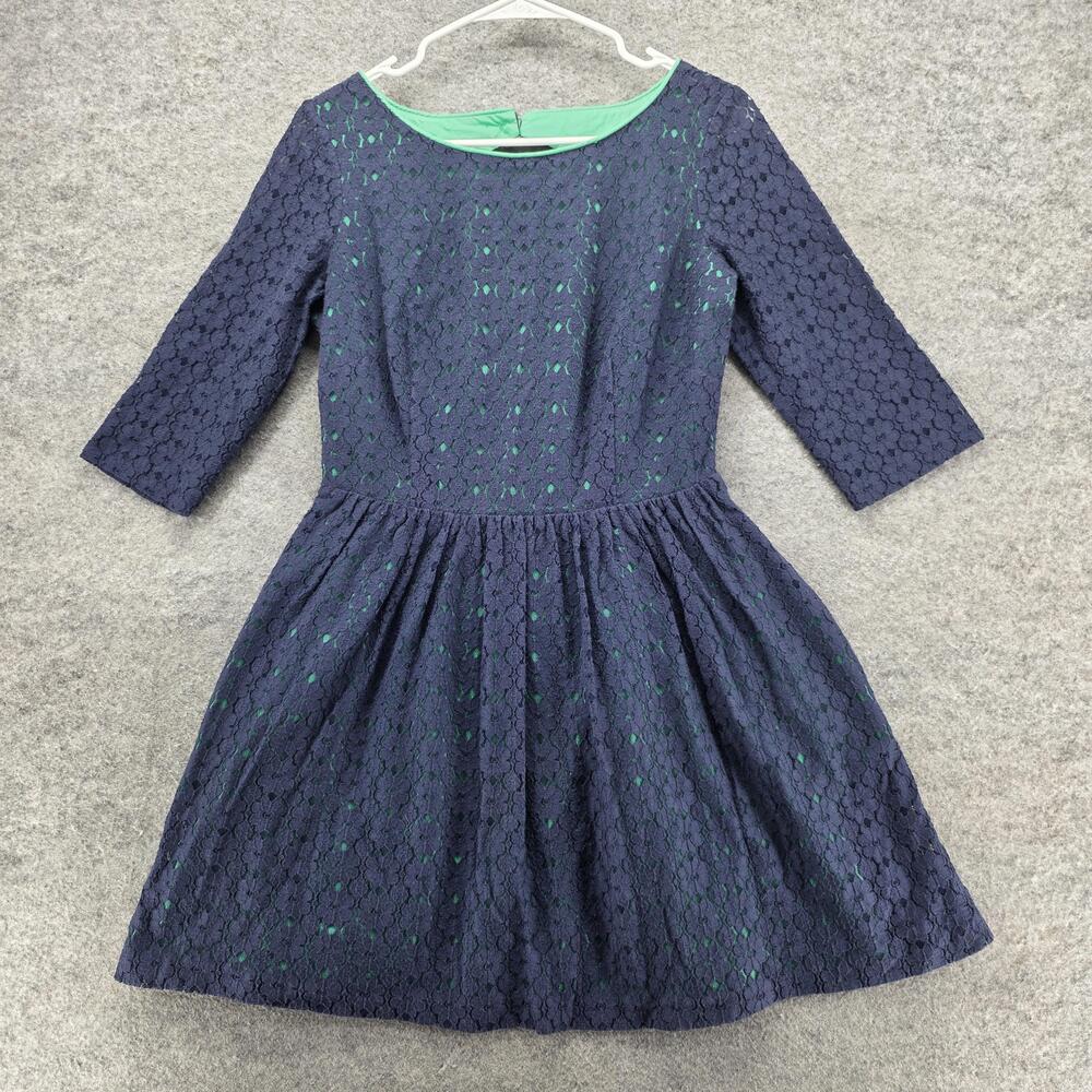 Lilly Pulitzer Dress Womens 6 Navy Blue Green Lace Fit & Flare 3/4 Sleeve